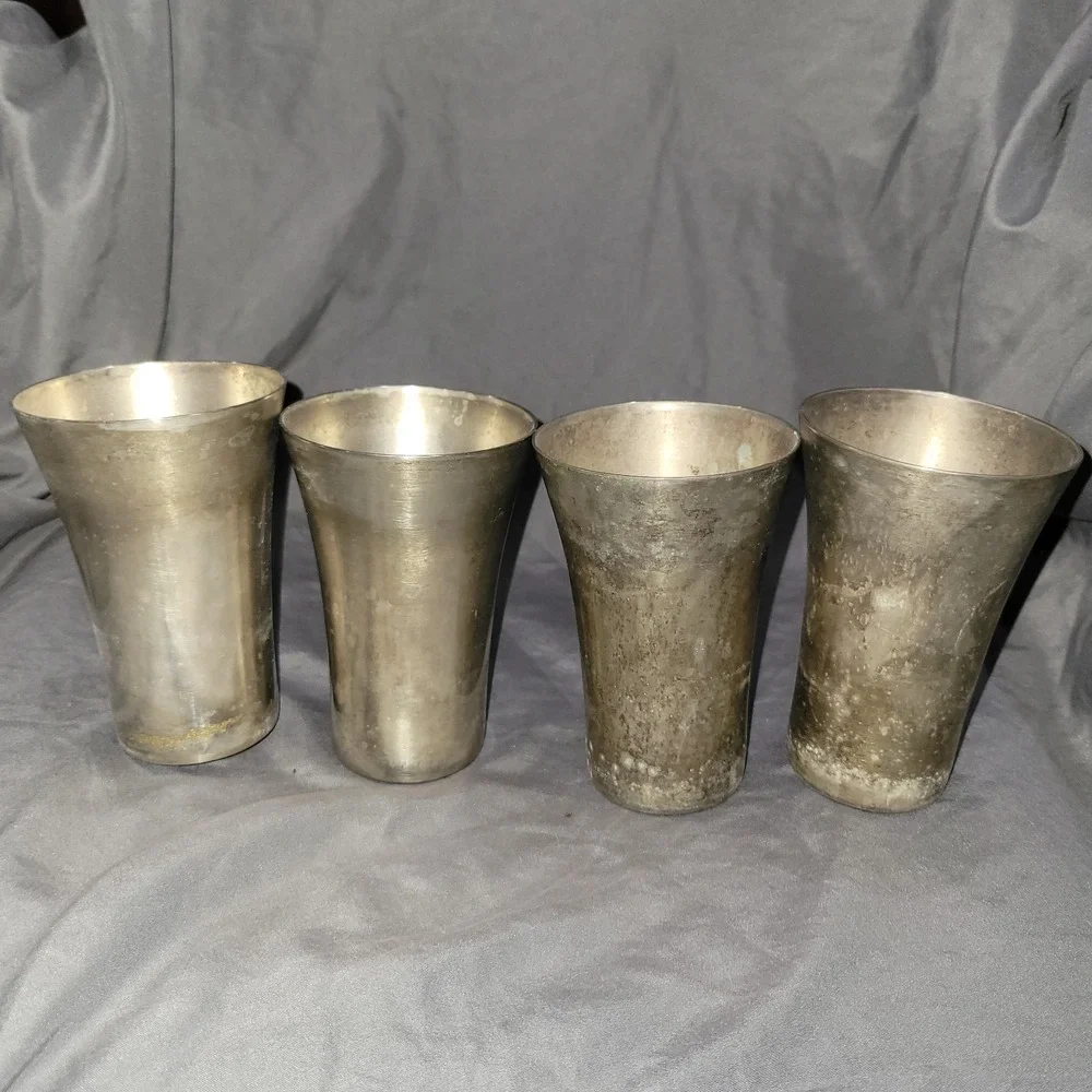 Set Of 4 Vintage Nickel Silver Tumblers Cups Metal Drinkware Bar